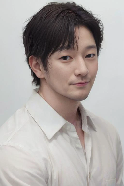 (1boy,), (best quality), (masterpiece), (high resolution), (intricate details), (photorealistic), (cinematic light). <lora:Ss9:0.8>
solo, male focus, realistic, facial hair, black hair, shirt, stubble, looking at viewer, white shirt, portrait, simple background, collared shirt, smile, black eyes, white background, closed mouth, lips