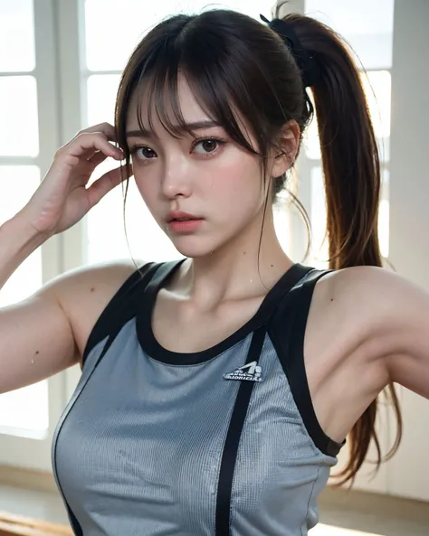 (photorealistic:1.4), (best quality:1.0), (ultra highres:1.0), 8k, RAW photo, (masterpiece:0.2), (sportswear:1.4), (sweatdrop, sweat:1.3),
<lora:zyd232_ChineseGirl_v4_0:1> zydG, 1girl, detailed skin, looking at viewer, brown eyes, (ponytail with bangs:1.2), (large breasts:1.0), (large areolae:0.8), parted lips,
(pureerosface_v1:0.5)
