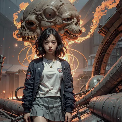 1girl, (pleated skirt, retro bomber jacket 80s), solo, fire, outer space, official art, unity 8k wallpaper, ultra detailed, beautiful and aesthetic, masterpiece,best quality, glowing skin, (floating colorful sparkles:1) the most beautiful form of chaos, elegant, a brutalist designed, vivid colours, romanticism, <lyco:GPTS6 Hella-sthetic_424353:1.0>