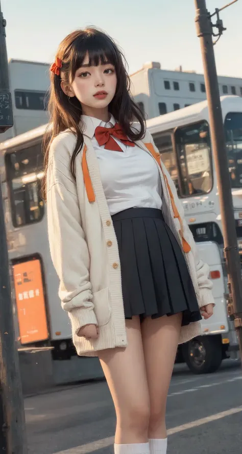 masterpiece,best quality,highres,rikka1,1girl,:d,takarada rikka,black hair,solo,blue eyes,wrist scrunchie,long hair,red socks,school uniform,black skirt,bangs,pleated skirt,orange scrunchie,red bow,white cardigan,long sleeves,bowtie,white shirt,miniskirt,white sweater,,street,bus stop,sunset,shadow,dutch angle, nose blush <lyco:GPTS1 lite:1>