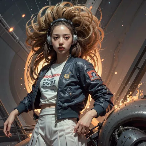 1girl, (pleated skirt, retro bomber jacket 80s), solo, fire, outer space, official art, unity 8k wallpaper, ultra detailed, beautiful and aesthetic, masterpiece,best quality, glowing skin, (floating colorful sparkles:1) the most beautiful form of chaos, elegant, a brutalist designed, vivid colours, romanticism, <lyco:GPTS6 Hella-sthetic_424353:1.0>