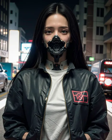 (photorealistic:1.4), (best quality:1.0), (ultra highres:1.0), 8k, RAW photo, (masterpiece:0.2), portrait, face focus,
<lora:zyd232_CyberneticJawless_v1_1:1> Cybernetic_Jawless, mask, mechanical parts, cybernetic, 1girl, asian girl, jacket, (long hair:1.4),
cyberpunk street background, (neon, night:1.2),