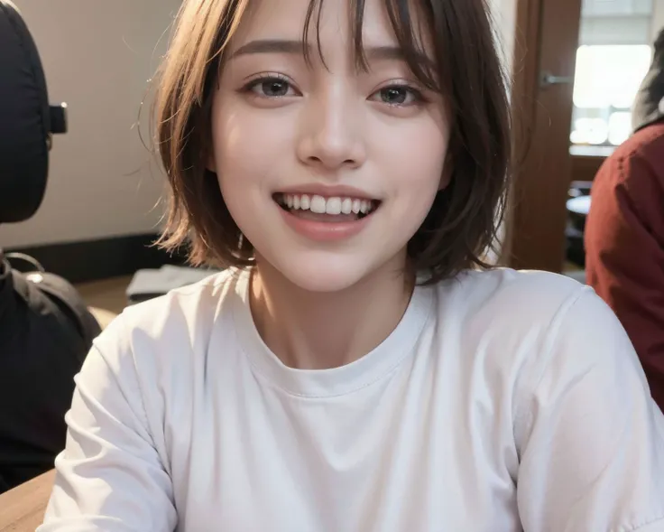 (photorealistic:1.4), (best quality:1.0), (ultra highres:1.0), 8k, RAW photo, (masterpiece:0.2), smile, shirt,
<lora:zyd232_ChineseGirl_v3_9:0.65> zydG, 1girl, detailed skin, beautiful clean skin, looking at viewer, brown eyes, (short hair:1.2), (medium breasts:1.0), (large areolae:0.8),
(pureerosface_v1:0.5)