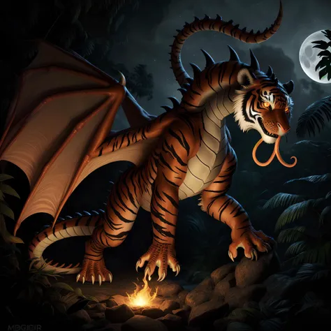 Combine a tiger and a dragon into a fearsome creature prowling through a moonlit jungle. Render intricate details such as the dragon's wings blending seamlessly with the tiger's striped fur, while tendrils of smoke curl from its nostrils and embers flicker in its glowing eyes.