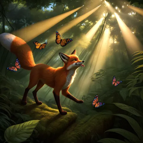 a playful furries fox character frolicking in a sun-dappled forest clearing. Surround the fox with vibrant foliage and (fluttering butterflies), with rays of sunlight streaming through the canopy above, casting dynamic shadows across the scene.