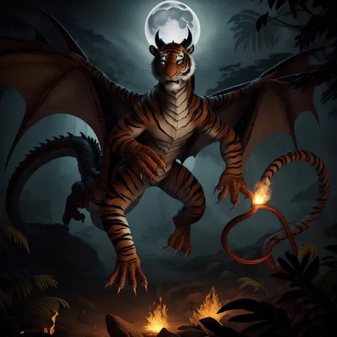 Combine a tiger and a dragon into a fearsome creature prowling through a moonlit jungle. Render intricate details such as the dragon's wings blending seamlessly with the tiger's striped fur, while tendrils of smoke curl from its nostrils and embers flicker in its glowing eyes.