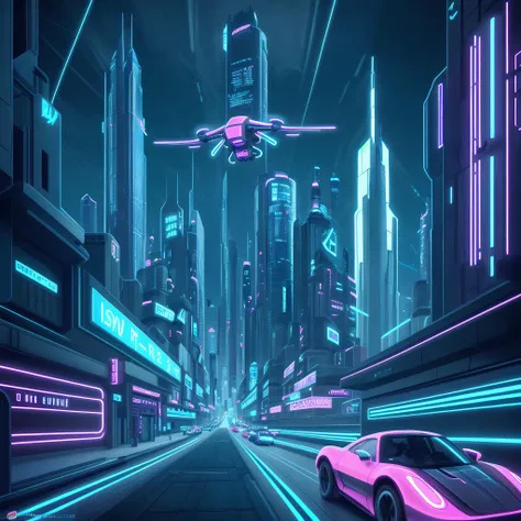 futuristic city skyline with sleek skyscrapers towering above a bustling metropolis. Illuminate the scene with neon lights that trace the contours of futuristic architecture, while hovering drones and flying cars zip through the bustling streets below, creating a vibrant tapestry of light and movement.