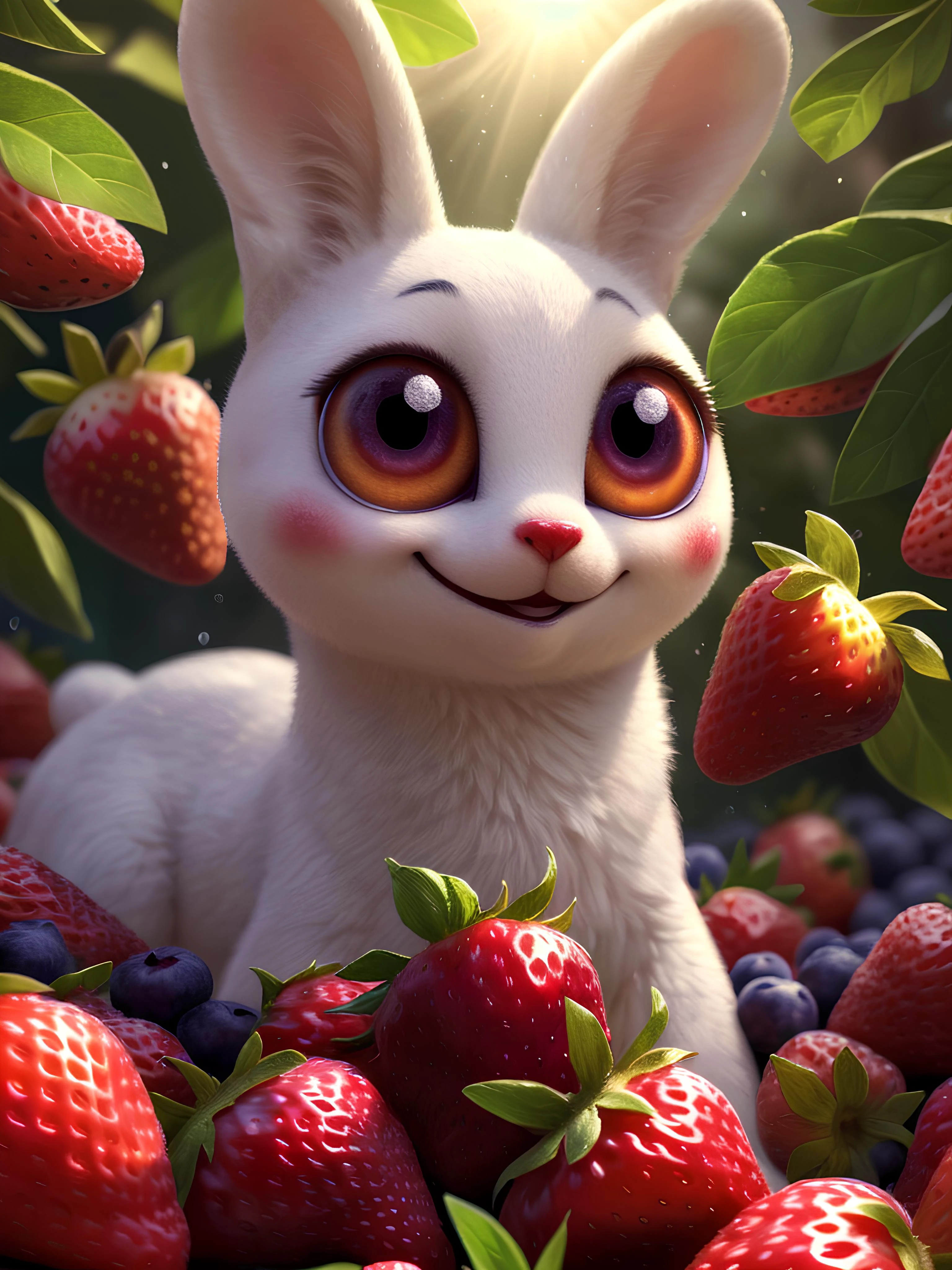 ((masterpiece:1.3,concept art,best quality)),very cute appealing huge furries strawberry, bunny face,(big eyes) looking at the viewer,big grin,happy,fruit,berry,droplets,macro,sunlight,fantasy art,dynamic composition,dramatic lighting,epic realistic,award winning illustration