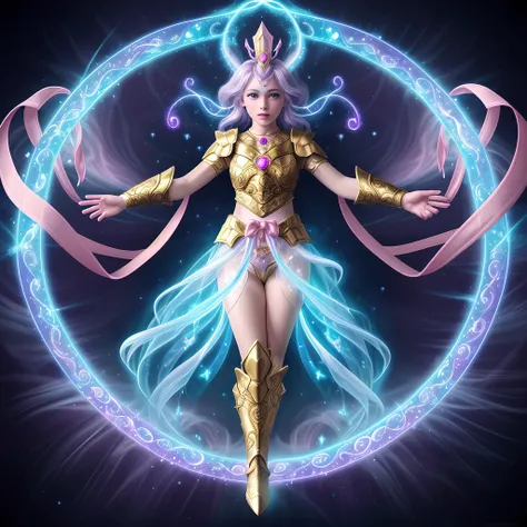 magical girl in the midst of transformation, surrounded by swirling ribbons of light and mystical energy. Show her clothing morphing into a shimmering ensemble of celestial armor, with intricate patterns and glowing gemstones adorning her attire as she channels her inner power.