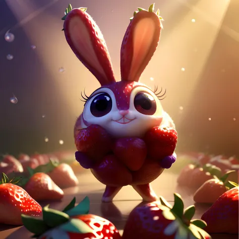 ((masterpiece:1.3,concept art,best quality)),very cute appealing  big furries bunny strawberry dancing,(big eyes) looking at the viewer,big grin,happy,fruit,berry,droplets,macro,sunlight,fantasy art,dynamic composition,dramatic lighting,epic realistic,award winning illustration