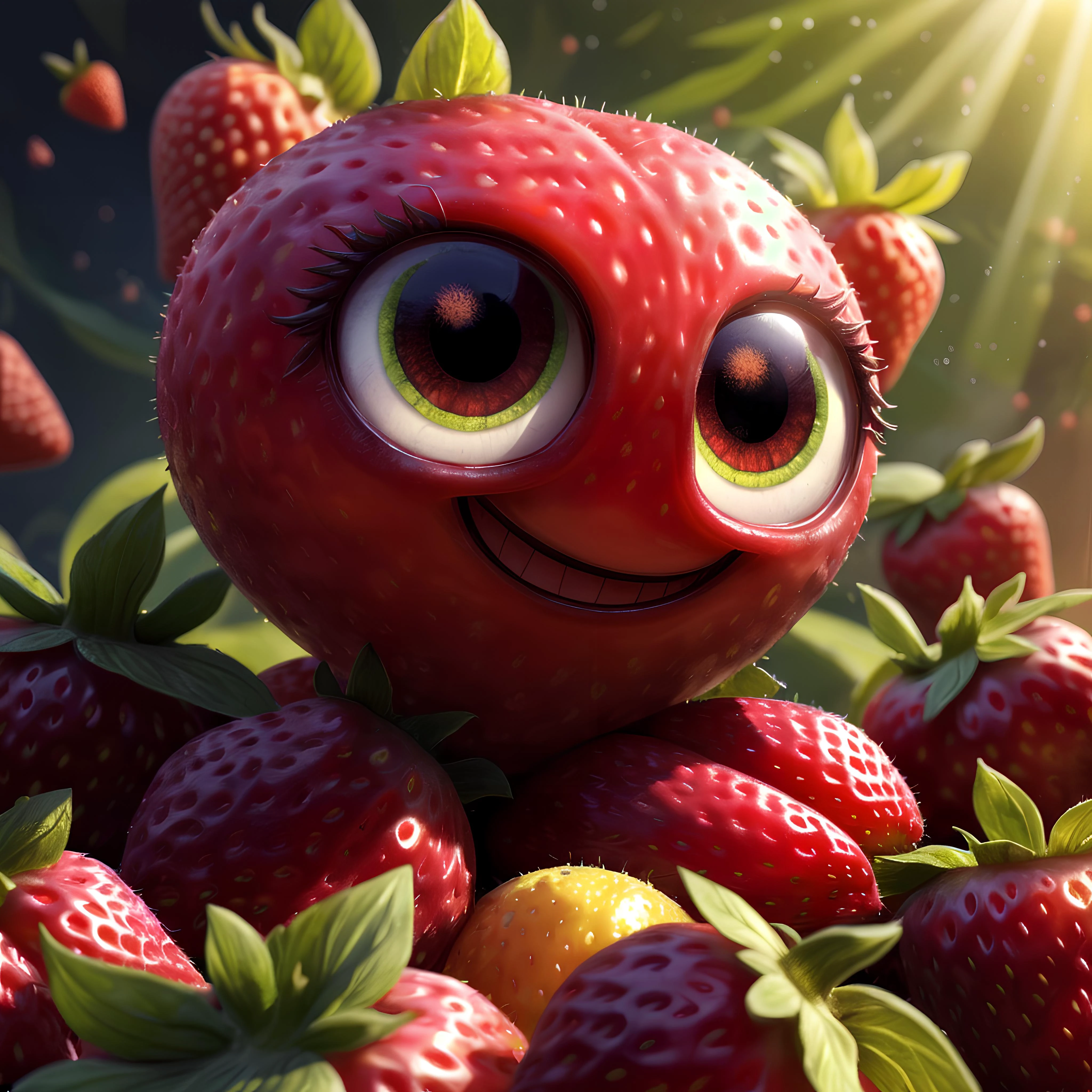 ((masterpiece:1.3,concept art,best quality)),very cute appealing big furries strawberry kill,(big eyes) looking at the viewer,big grin,happy,fruit,berry,droplets,macro,sunlight,fantasy art,dynamic composition,dramatic lighting,epic realistic,award winning illustration