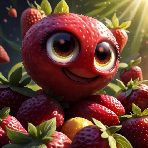 ((masterpiece:1.3,concept art,best quality)),very cute appealing  big furries strawberry kill,(big eyes) looking at the viewer,big grin,happy,fruit,berry,droplets,macro,sunlight,fantasy art,dynamic composition,dramatic lighting,epic realistic,award winning illustration