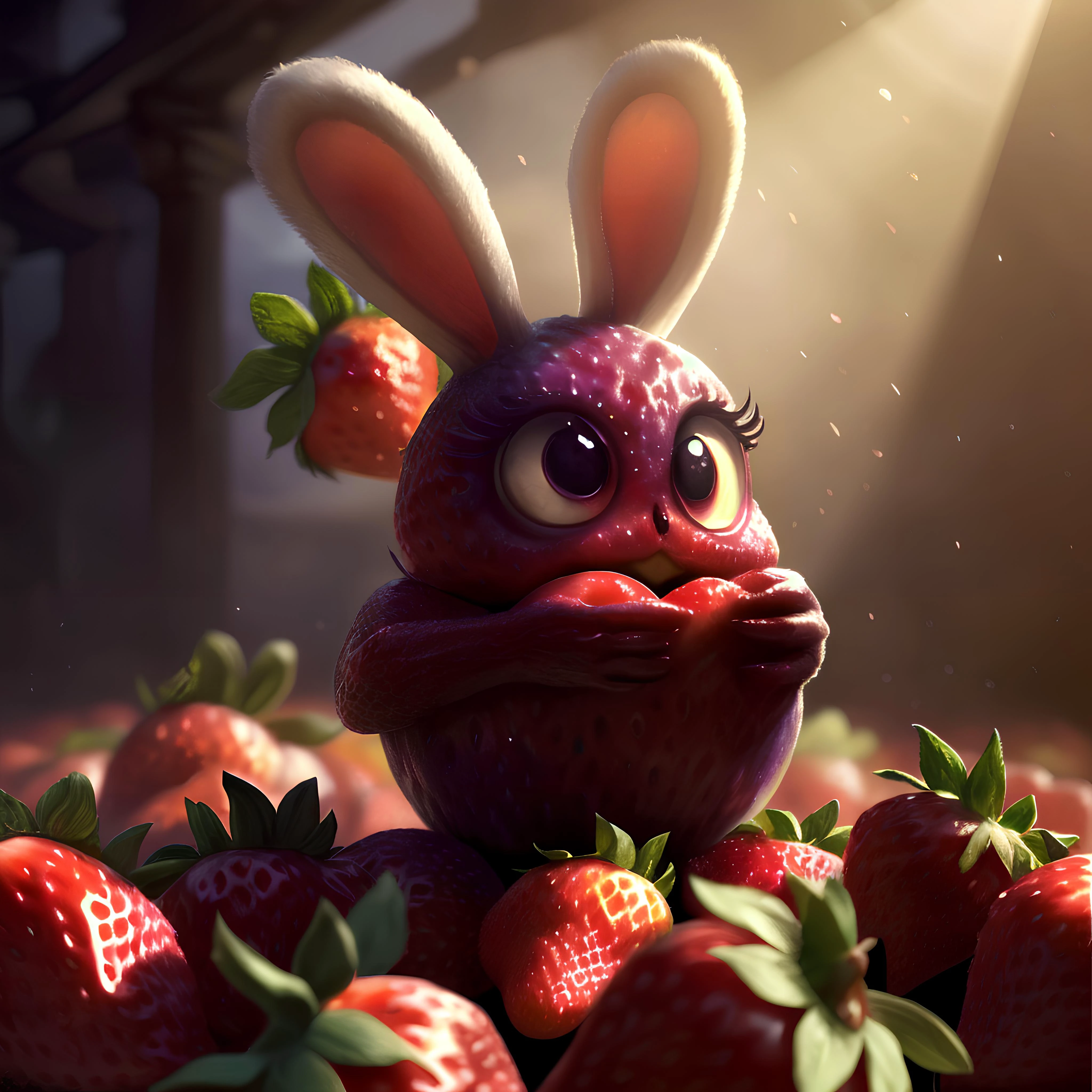 creepy ((masterpiece:1.3,concept art,best quality)),very cute appealing big furries bunny strawberry dancing,(big eyes) looking at the viewer,big grin,happy,fruit,berry,droplets,macro,sunlight,fantasy art,dynamic composition,dramatic lighting,epic realistic,award winning illustration