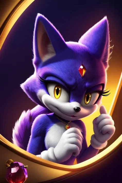 Cute furry rendition of Blaze the Cat from Sonic Lost World. With yellow eyes gleaming with intelligence, adorned with a small single red gem on the forehead. Rendered in stunning 8K resolution with HDR, offering a visually immersive experience.