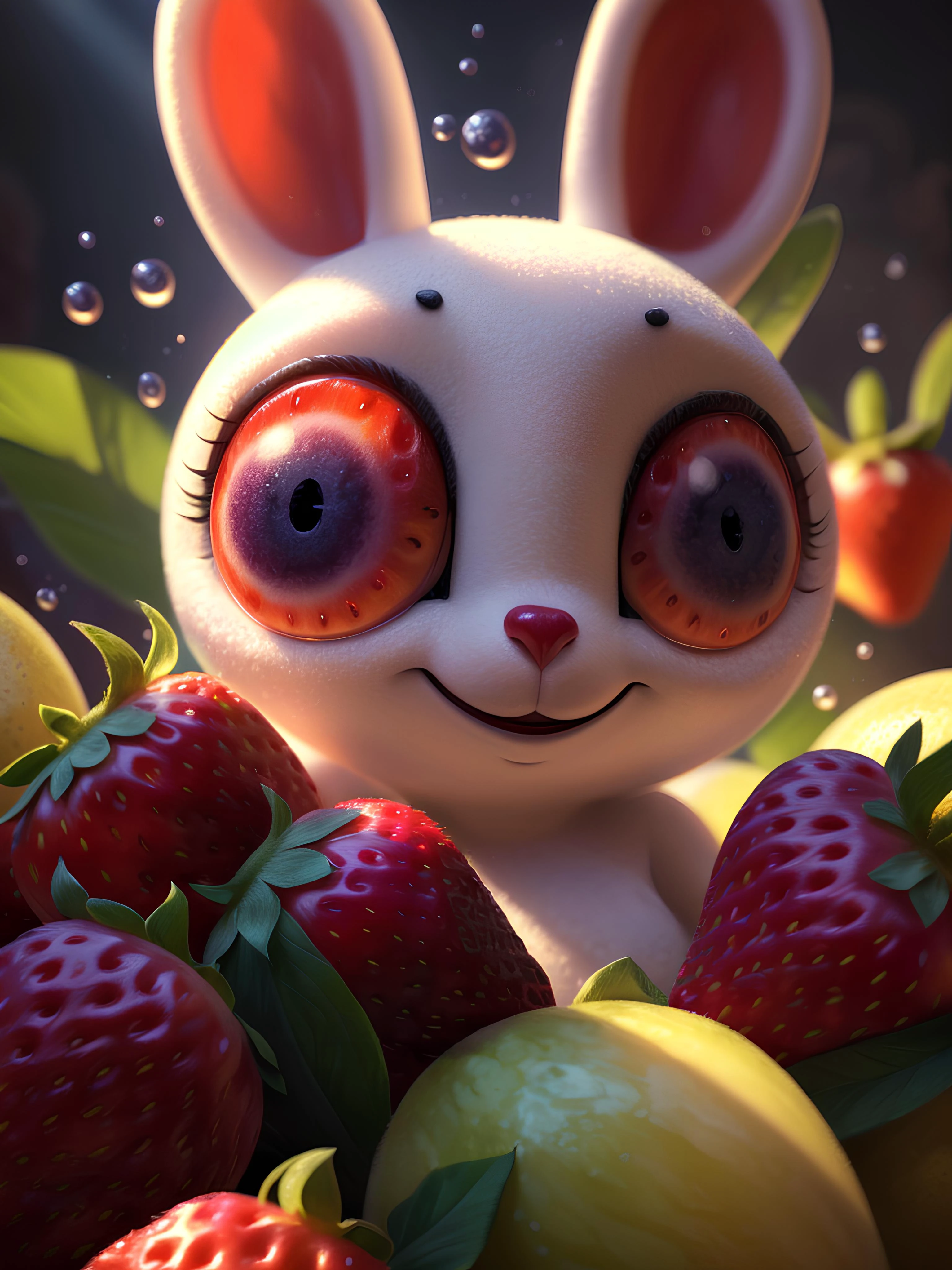 ((masterpiece:1.3,concept art,best quality)),very cute appealing huge furries strawberry, bunny face,(big eyes) looking at the viewer,big grin,happy,fruit,berry,droplets,macro,sunlight,fantasy art,dynamic composition,dramatic lighting,epic realistic,award winning illustration