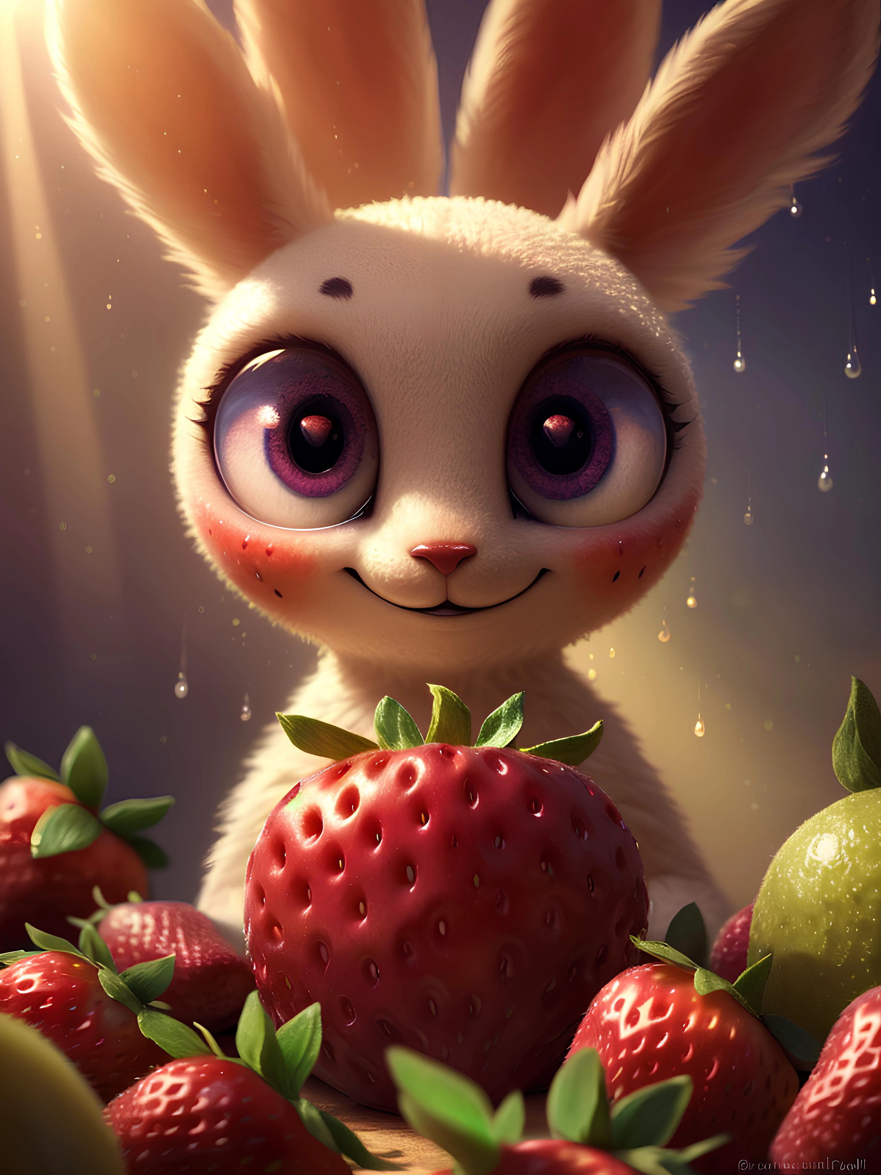 ((masterpiece:1.3,concept art,best quality)),very cute appealing huge furries strawberry, bunny face,(big eyes) looking at the viewer,big grin,happy,fruit,berry,droplets,macro,sunlight,fantasy art,dynamic composition,dramatic lighting,epic realistic,award winning illustration