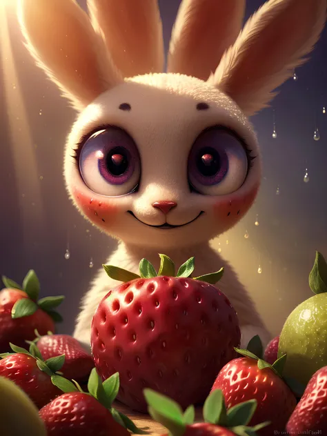 ((masterpiece:1.3,concept art,best quality)),very cute appealing  huge furries strawberry, bunny face,(big eyes) looking at the viewer,big grin,happy,fruit,berry,droplets,macro,sunlight,fantasy art,dynamic composition,dramatic lighting,epic realistic,award winning illustration