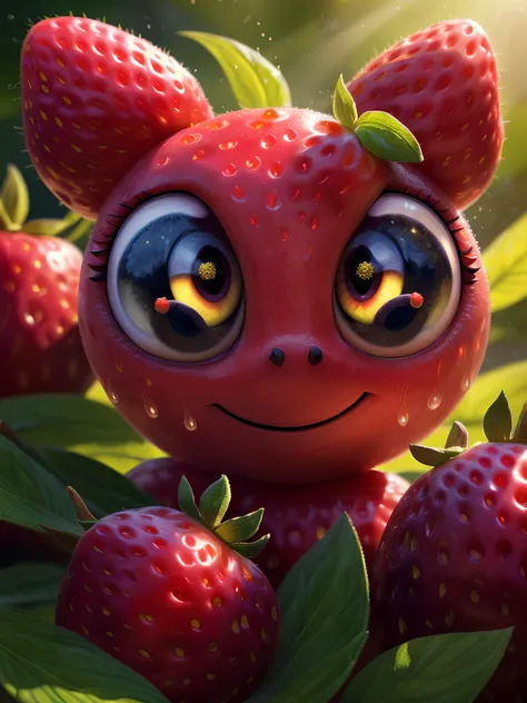 ((masterpiece:1.3,concept art,best quality)),very cute appealing  huge furries strawberry, bunny face,(big eyes) looking at the viewer,big grin,happy,fruit,berry,droplets,macro,sunlight,fantasy art,dynamic composition,dramatic lighting,epic realistic,award winning illustration