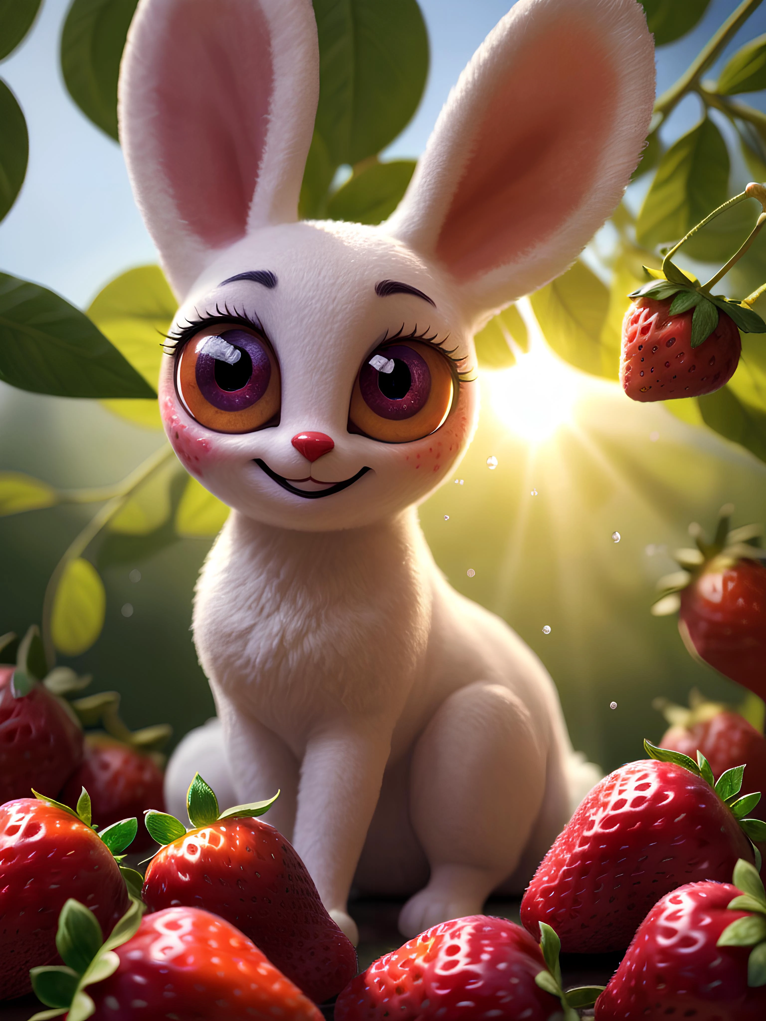((masterpiece:1.3,concept art,best quality)),very cute appealing huge furries strawberry, bunny face,(big eyes) looking at the viewer,big grin,happy,fruit,berry,droplets,macro,sunlight,fantasy art,dynamic composition,dramatic lighting,epic realistic,award winning illustration