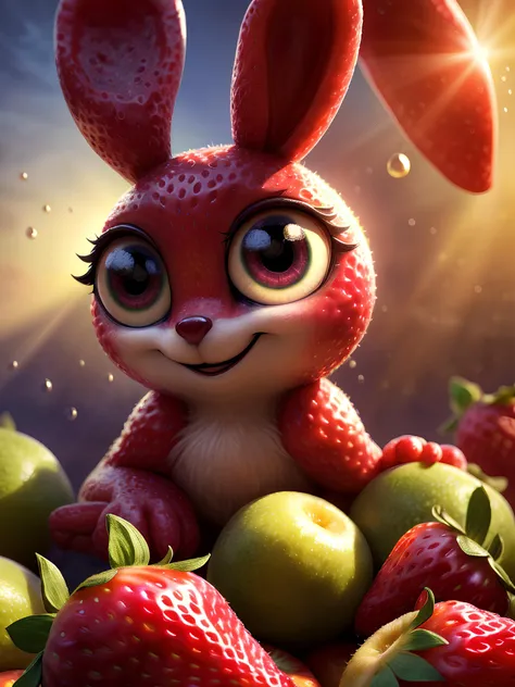 ((masterpiece:1.3,concept art,best quality)),very cute appealing  huge furries strawberry, bunny face,(big eyes) looking at the viewer,big grin,happy,fruit,berry,droplets,macro,sunlight,fantasy art,dynamic composition,dramatic lighting,epic realistic,award winning illustration