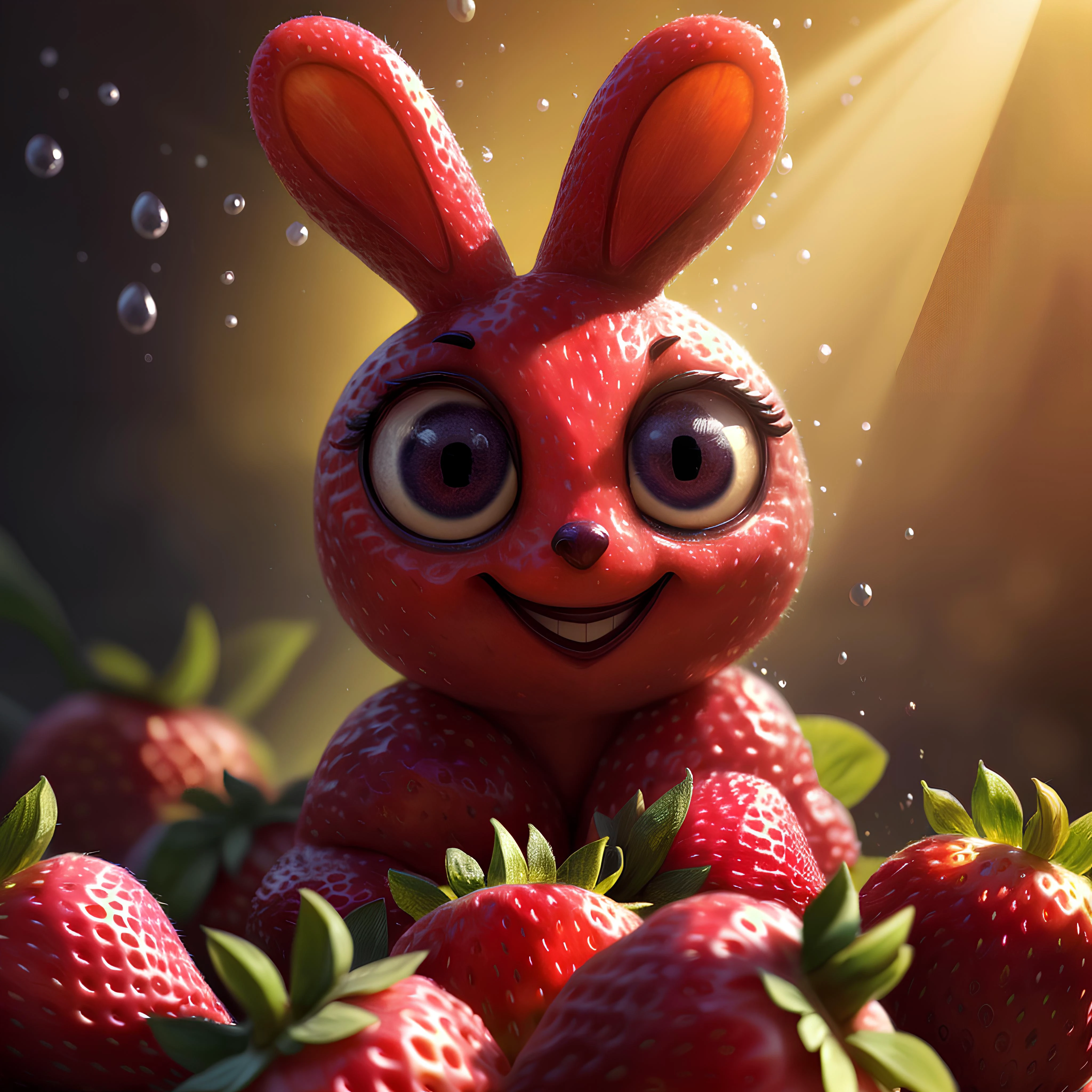 ((masterpiece:1.3,concept art,best quality)),very cute appealing big furries strawberry, bunny face,(big eyes) looking at the viewer,big grin,happy,fruit,berry,droplets,macro,sunlight,fantasy art,dynamic composition,dramatic lighting,epic realistic,award winning illustration