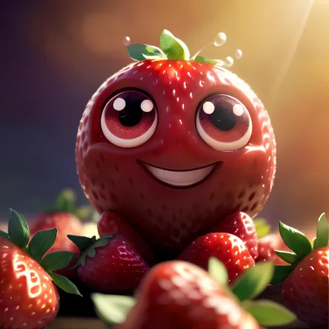 ((masterpiece:1.3,concept art,best quality)),very cute appealing furry strawberry,(big eyes) looking at the viewer,big grin,happy,fruit,berry,droplets,macro,sunlight,fantasy art,dynamic composition,dramatic lighting,epic realistic,award winning illustration