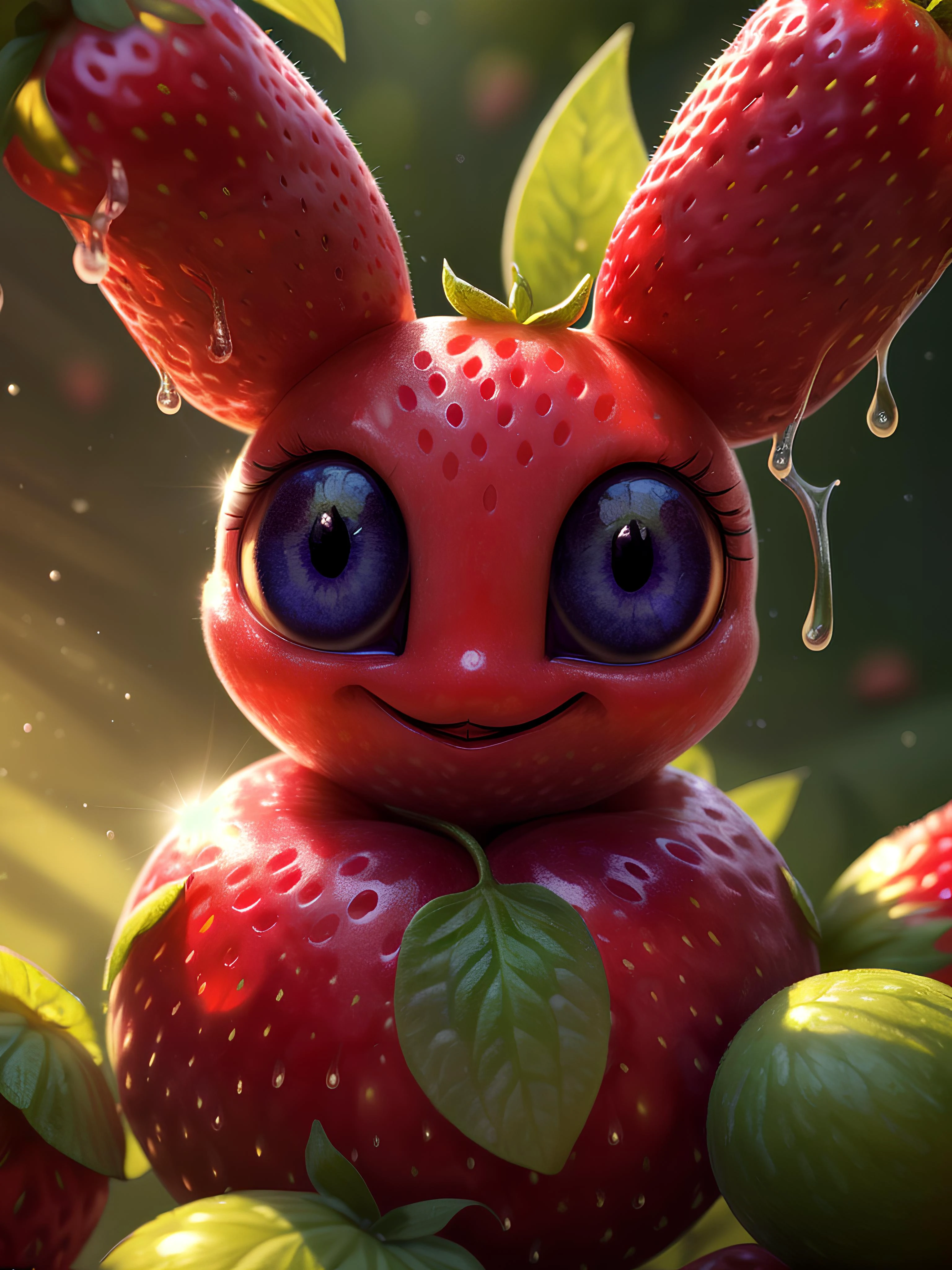 ((masterpiece:1.3,concept art,best quality)),very cute appealing huge furries strawberry, bunny face,(big eyes) looking at the viewer,big grin,happy,fruit,berry,droplets,macro,sunlight,fantasy art,dynamic composition,dramatic lighting,epic realistic,award winning illustration