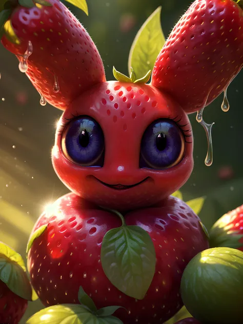 ((masterpiece:1.3,concept art,best quality)),very cute appealing  huge furries strawberry, bunny face,(big eyes) looking at the viewer,big grin,happy,fruit,berry,droplets,macro,sunlight,fantasy art,dynamic composition,dramatic lighting,epic realistic,award winning illustration