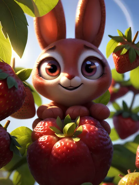 ((masterpiece:1.3,concept art,best quality)),very cute appealing  huge furries strawberry, bunny face,(big eyes) looking at the viewer,big grin,happy,fruit,berry,droplets,macro,sunlight,fantasy art,dynamic composition,dramatic lighting,epic realistic,award winning illustration