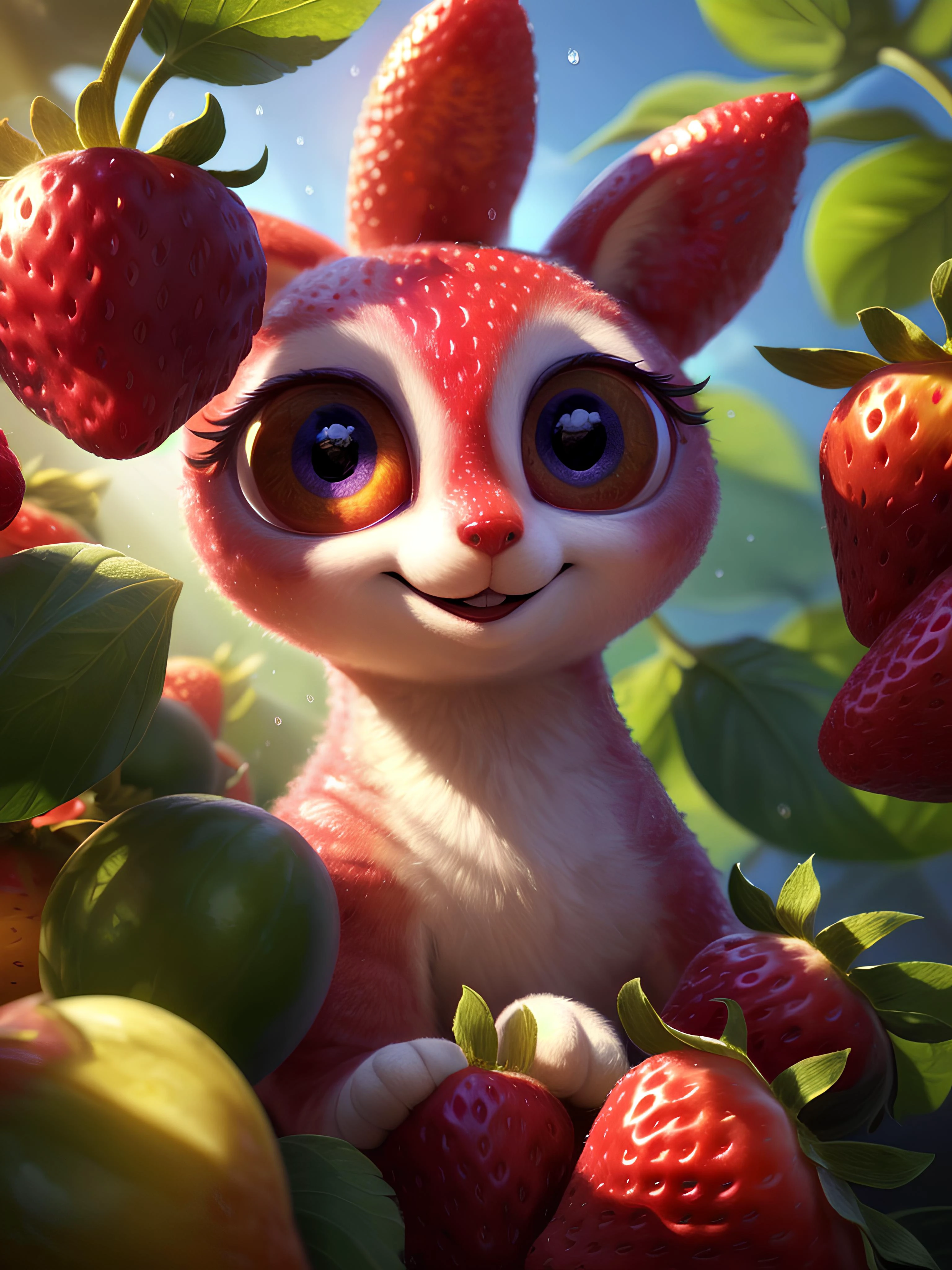 ((masterpiece:1.3,concept art,best quality)),very cute appealing huge furries strawberry, bunny face,(big eyes) looking at the viewer,big grin,happy,fruit,berry,droplets,macro,sunlight,fantasy art,dynamic composition,dramatic lighting,epic realistic,award winning illustration