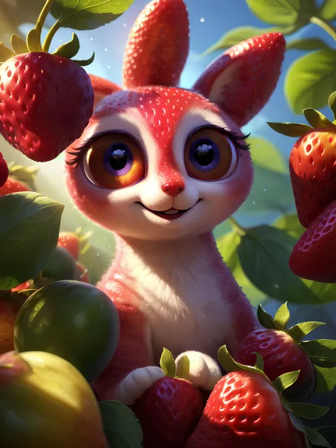 ((masterpiece:1.3,concept art,best quality)),very cute appealing  huge furries strawberry, bunny face,(big eyes) looking at the viewer,big grin,happy,fruit,berry,droplets,macro,sunlight,fantasy art,dynamic composition,dramatic lighting,epic realistic,award winning illustration