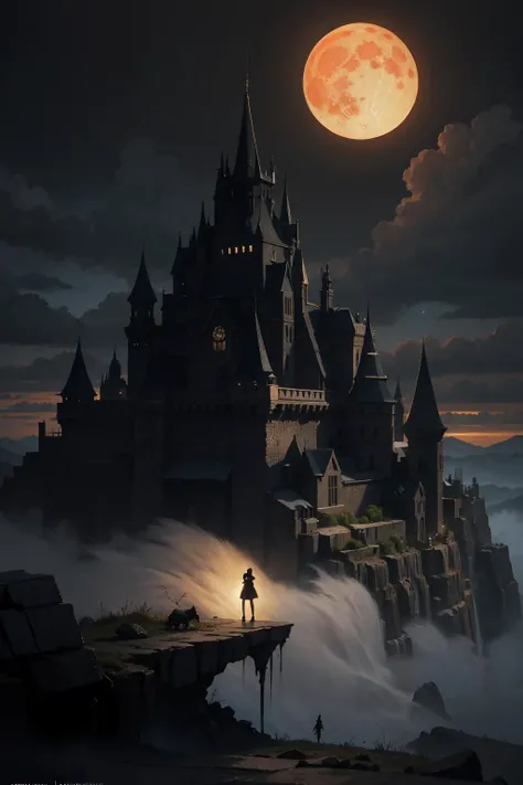 a painting of a {dark:0.8} fantastic fantasy landscape with a big rock in front of a full blood moon, an ultrafine detailed painting by Todd Lockwood, trending on deviantart, gothic art, lovecraftian, gothic, apocalypse art,