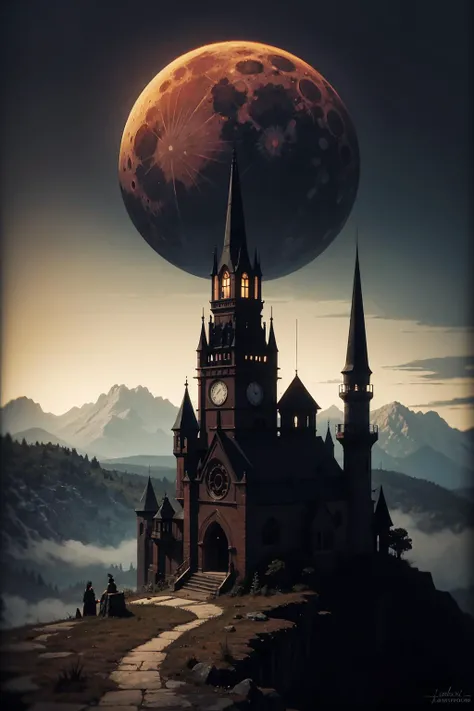 a painting of a {dark:0.8} fantastic fantasy landscape with a big rock in front of a full blood moon, an ultrafine detailed painting by Todd Lockwood, trending on deviantart, gothic art, lovecraftian, gothic, apocalypse art,