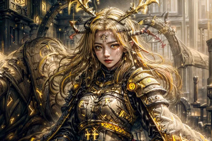 masterpiece, masterpiece, top quality, best quality, realistic, unity, 8k wallpaper, official art, extremely detailed CG unity 8k wallpaper,
1girl, (yellow hair:1.8), short hair, (white eyes:1.4), big breasts, sad face, wearing full armor japanese clothes, (wearing cloak:1.3), (GlowingRunes_yellow armor:1.6), (GlowingRunes_yellow eyes:1.5), (GlowingRunes_yellow background:1.4),
<lora:Amee_V12:0.4>, <lora:BeautyNwsjMajic2-01:0.6>, <lora:GlowingRunesAIv4-000005:0.9>, <lora:add_detail:0.5>, <lora:EABA_v1:0.8>, <lora:more_details:1>,, masterpiece,ultra realistic,32k,extremely detailed CG unity 8k wallpaper, best quality, soft lighting ,vibrant colors,gorgeous light and shadow , bracelets ,jewelry , Wedding Dress, Top knot