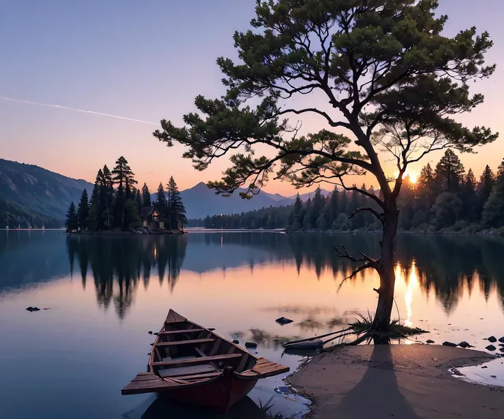 Photo of tranquil lakeside, dusk, crystalline water with glassy reflection, lone canoe adrift, amethyst twilight canopy, charcoal silhouettes of ancient pines, amber streaks in pastel sky,