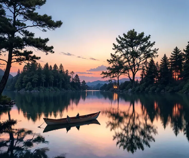 Photo of tranquil lakeside, dusk, crystalline water with glassy reflection, lone canoe adrift, amethyst twilight canopy, charcoal silhouettes of ancient pines, amber streaks in pastel sky,