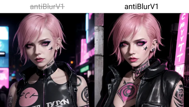 close-up, night club, underground club, neon lights, a punk female, makeup, short pink hair, tattoo, techwear outfit, crowd, industrial, masterpiece, muchRealisticV0_4