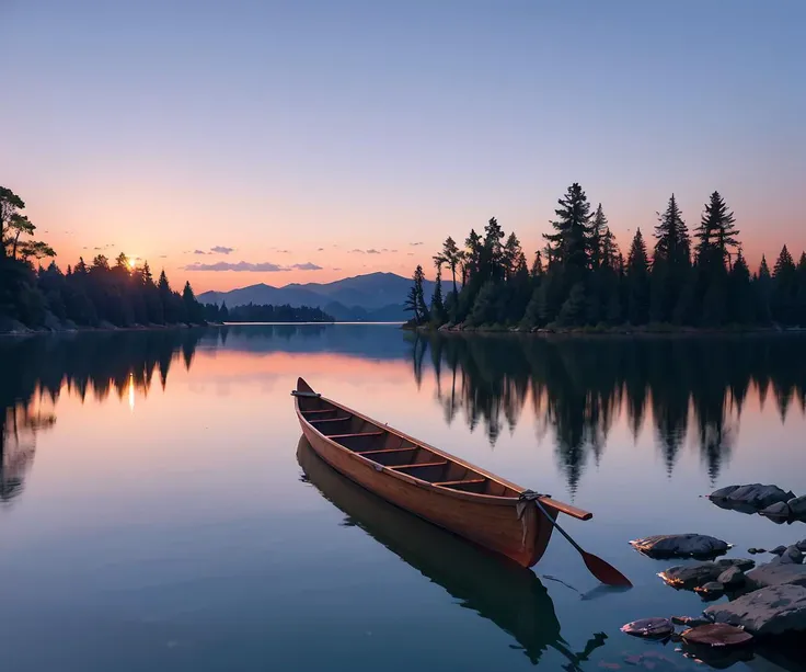 Photo of tranquil lakeside, dusk, crystalline water with glassy reflection, lone canoe adrift, amethyst twilight canopy, charcoal silhouettes of ancient pines, amber streaks in pastel sky,