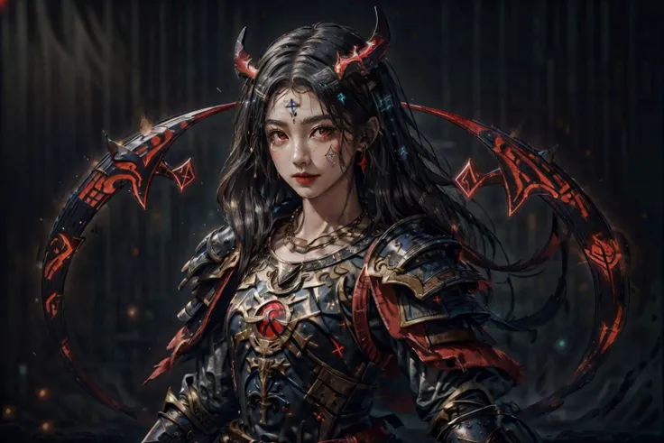 masterpiece, masterpiece, top quality, best quality, realistic, unity, 8k wallpaper, official art, extremely detailed CG unity 8k wallpaper,
1girl, (black hair:1.8), short hair, (red eyes:1.4), fairy ears, dragon horns, eaba, wearing full armor japanese clothes, (wearing cloak:1.3), (GlowingRunes_red armor:1.6), (GlowingRunes_red eyes:1.5), (GlowingRunes_black background:1.4),
<lora:Amee_V12:0.4>, <lora:BeautyNwsjMajic2-01:0.6>, <lora:GlowingRunesAIv4-000005:1>, <lora:EABA_v1:0.9>, <lora:add_detail:0.5>,, masterpiece,ultra realistic,32k,extremely detailed CG unity 8k wallpaper, best quality, vibrant colors,gorgeous light and shadow , necklace ,earrings ,bracelets ,jewelry , poodle skirt, Long waves