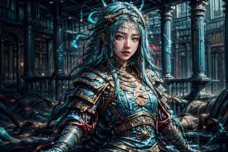 masterpiece, masterpiece, top quality, best quality, realistic, unity, 8k wallpaper, official art, extremely detailed CG unity 8k wallpaper,
1girl, (blue hair:1.8), short hair, (blue eyes:1.4), big breasts, sad face, wearing full armor japanese clothes, (wearing cloak:1.3), (GlowingRunes_blue armor:1.6), (GlowingRunes_blue eyes:1.5), (GlowingRunes_bule background:1.4),
<lora:Amee_V12:0.4>, <lora:BeautyNwsjMajic2-01:0.6>, <lora:GlowingRunesAIv4-000005:0.9>, <lora:add_detail:0.5>, <lora:EABA_v1:0.8>, <lora:more_details:1>,, masterpiece,ultra realistic,32k,extremely detailed CG unity 8k wallpaper, best quality, gorgeous light and shadow , bracelets , Sleeveless, Braided crown