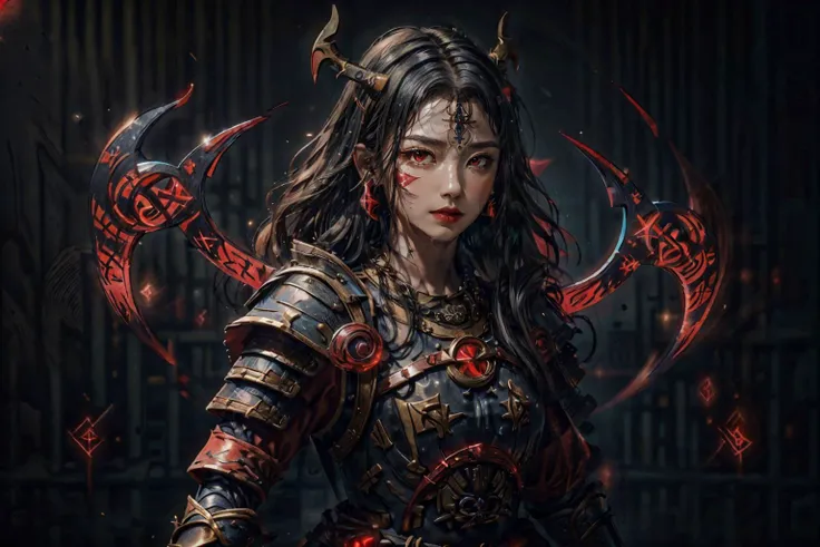 masterpiece, masterpiece, top quality, best quality, realistic, unity, 8k wallpaper, official art, extremely detailed CG unity 8k wallpaper,
1girl, (black hair:1.8), short hair, (red eyes:1.4), fairy ears, dragon horns, eaba, wearing full armor japanese clothes, (wearing cloak:1.3), (GlowingRunes_red armor:1.6), (GlowingRunes_red eyes:1.5), (GlowingRunes_black background:1.4),
<lora:Amee_V12:0.4>, <lora:BeautyNwsjMajic2-01:0.6>, <lora:GlowingRunesAIv4-000005:1>, <lora:EABA_v1:0.9>, <lora:add_detail:0.5>,, masterpiece,ultra realistic,32k,extremely detailed CG unity 8k wallpaper, best quality, vibrant colors,soft lighting ,stunning environment , bracelets ,necklace ,earrings ,jewelry , gloves, Side-swept curls