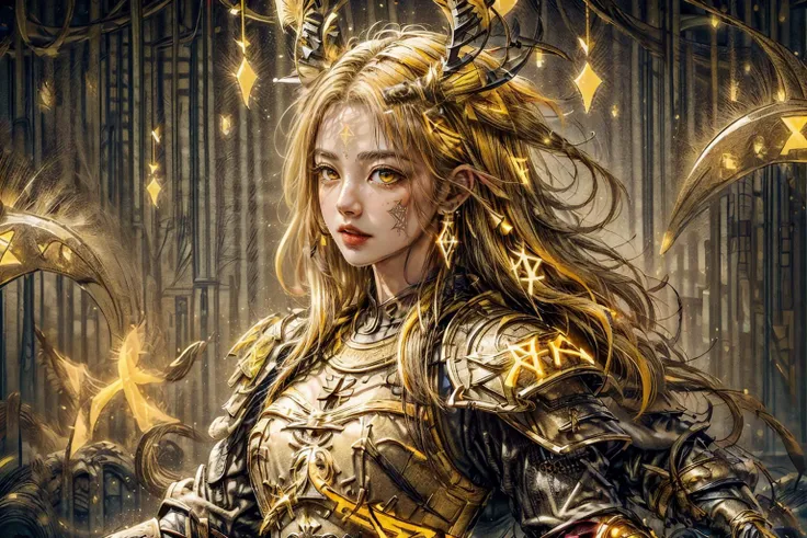 masterpiece, masterpiece, top quality, best quality, realistic, unity, 8k wallpaper, official art, extremely detailed CG unity 8k wallpaper,
1girl, (yellow hair:1.8), short hair, (white eyes:1.4), big breasts, sad face, wearing full armor japanese clothes, (wearing cloak:1.3), (GlowingRunes_yellow armor:1.6), (GlowingRunes_yellow eyes:1.5), (GlowingRunes_yellow background:1.4),
<lora:Amee_V12:0.4>, <lora:BeautyNwsjMajic2-01:0.6>, <lora:GlowingRunesAIv4-000005:0.9>, <lora:add_detail:0.5>, <lora:EABA_v1:0.8>, <lora:more_details:1>,, masterpiece,ultra realistic,32k,extremely detailed CG unity 8k wallpaper, best quality, vibrant colors,stunning environment , jewelry ,earrings ,bracelets , A velvet dress with statement earrings, Braided crown