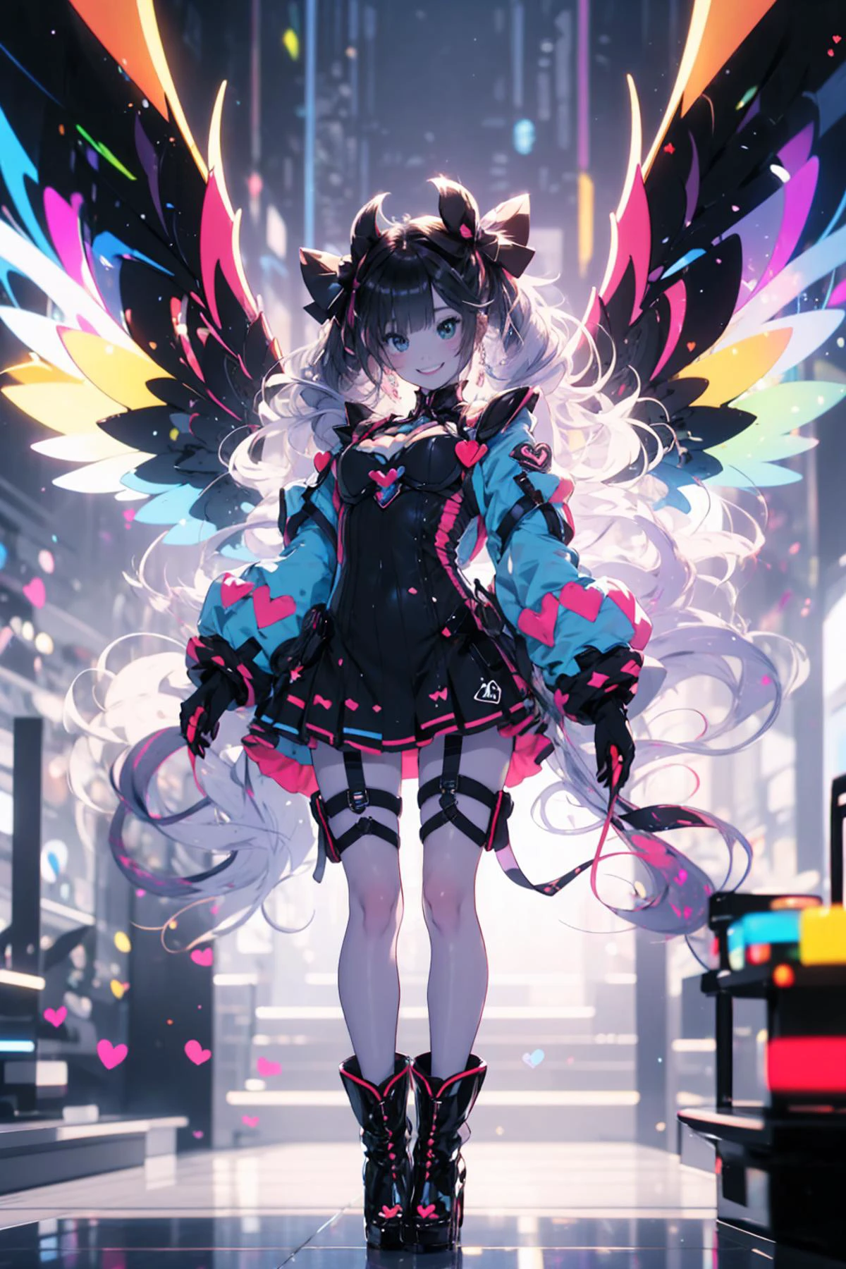 <lora:mgedemon-000005:1>, (masterpiece:1.2), best quality,PIXIV,Colorful portraits, multicolored,1girl, solo, long hair, heart, very long hair, wings, pink hair, looking at viewer, dress, blue eyes, bangs, white wings, bow, twintails, full body, standing, boots, multicolored hair, white footwear, high heels, bottle, smile, hair bow, hair ornament <lora:Colorful portraits_20230715165729-000018:1>