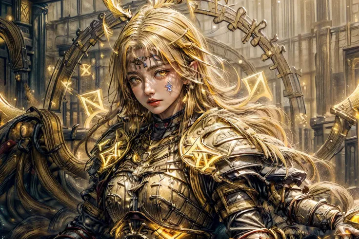 masterpiece, masterpiece, top quality, best quality, realistic, unity, 8k wallpaper, official art, extremely detailed CG unity 8k wallpaper,
1girl, (yellow hair:1.8), short hair, (white eyes:1.4), big breasts, sad face, wearing full armor japanese clothes, (wearing cloak:1.3), (GlowingRunes_yellow armor:1.6), (GlowingRunes_yellow eyes:1.5), (GlowingRunes_yellow background:1.4),
<lora:Amee_V12:0.4>, <lora:BeautyNwsjMajic2-01:0.6>, <lora:GlowingRunesAIv4-000005:0.9>, <lora:add_detail:0.5>, <lora:EABA_v1:0.8>, <lora:more_details:1>,, masterpiece,ultra realistic,32k,extremely detailed CG unity 8k wallpaper, best quality, vibrant colors,stunning environment ,soft lighting , necklace ,jewelry , culottes, Sleek straight