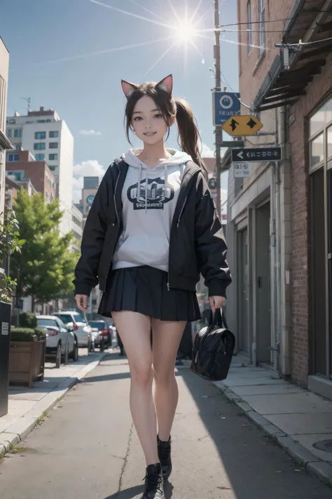 absurdres,game cg,real,landscape/scenery,in spring,day,sun,sky,cirrus,cityscape,city,downtown,facing_away,front view,lens_flare,depth of field,
1girl,student,teenager,curvy,oval face,brown hair,ponytail,cat ears,smile,walking,hoodie,loating_jacket,skirt,shoes,
