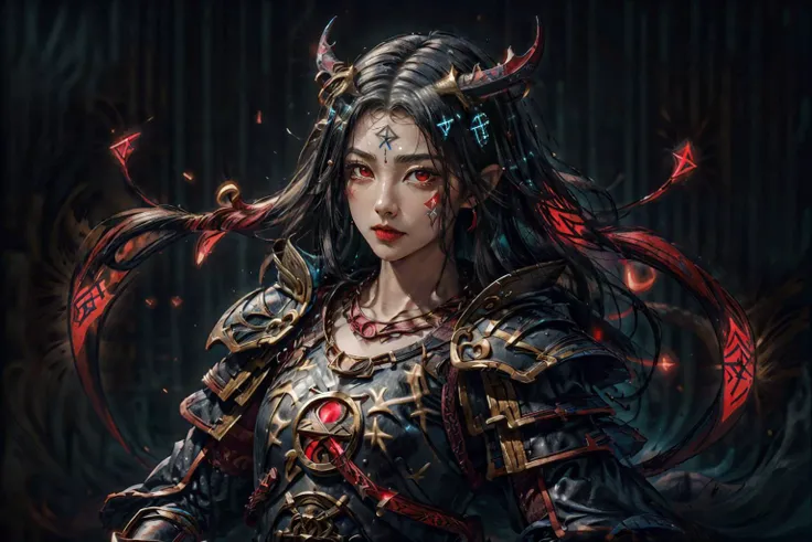 masterpiece, masterpiece, top quality, best quality, realistic, unity, 8k wallpaper, official art, extremely detailed CG unity 8k wallpaper,
1girl, (black hair:1.8), short hair, (red eyes:1.4), fairy ears, dragon horns, eaba, wearing full armor japanese clothes, (wearing cloak:1.3), (GlowingRunes_red armor:1.6), (GlowingRunes_red eyes:1.5), (GlowingRunes_black background:1.4),
<lora:Amee_V12:0.4>, <lora:BeautyNwsjMajic2-01:0.6>, <lora:GlowingRunesAIv4-000005:1>, <lora:EABA_v1:0.9>, <lora:add_detail:0.5>,, masterpiece,ultra realistic,32k,extremely detailed CG unity 8k wallpaper, best quality, stunning environment , necklace ,jewelry , Dress, Side-swept curls
