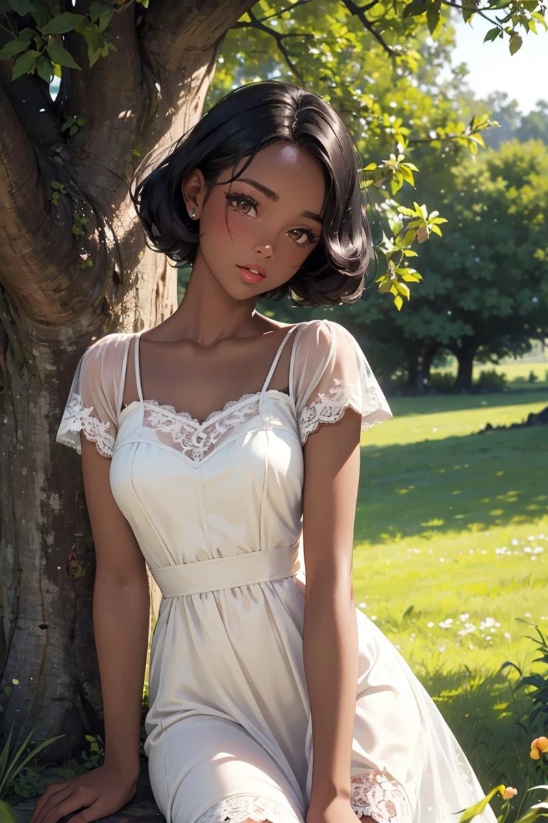 Ebony girl, CLOSE Portrait kodachrome camera transparency, 1950s, AESTETIC POSE, green fields outdoors background, under the old oak tree, flower meadow
Ebony playmate of the month, (peaches and cream silk lace dress:1.2), waist
