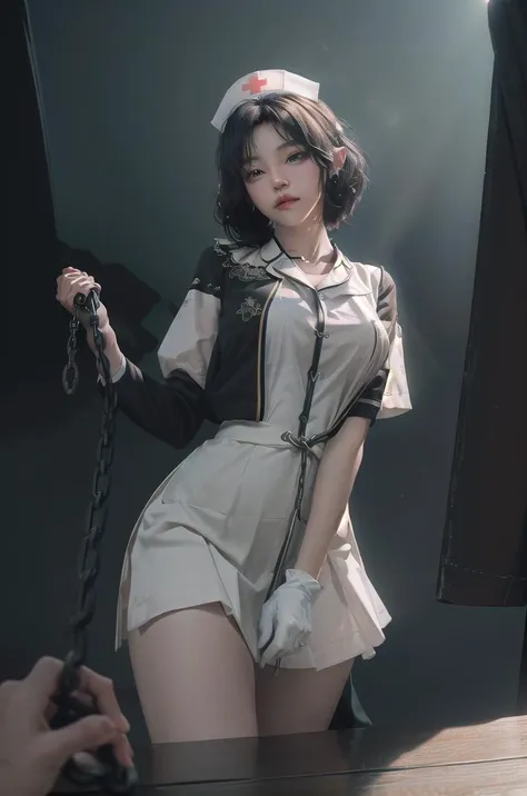 (NSFW:1.2),(from below)),uncensored,best quality,extremely detailed, extremely detailed wallpaper, high resolution, Overlooking,(extremely detailed CG unity 8k wallpaper),(illustrations:1.3), realistic, (masterpiece:1.2), bokeh, dusty sunlight, ray_tracing, depth of field,Extremely rich and detailed background,perfect anatomy,Perfect details,Colorful,ultra realistic 8k cg, (epic:1.5, perfect artwork, masterpiece), (((detailed background))),1 japanese girl,full body,nurse_girl,japanese,pink nursing clothes, miniskirt, nurse cap, white gloves, close_up indoor, ((green eyes)), cute, pure, perfect face, beautiful face, round face, ((natural black short hair,)), white bridal gloves, white arm gloves, (white transparent see-through sheer clothes, divinity), (transparent white jacket and skirt), (huge breasts, white sheer cropped loose shirt), ((Contempt, contempt, tease, puffing, annoyed)) ((femdom, from below, viewer on leash)) <lora:viewer on leash 6:1> , (((leaning forward, bending forward, foreshortening))), (holding leash), ((leash)), (cute elf ears), lens flare, alluring, ((fog, god rays, outside)), ((from below, pov)),sky, sun, clouds,((raised arm)), foreshortening, (chain leash)
