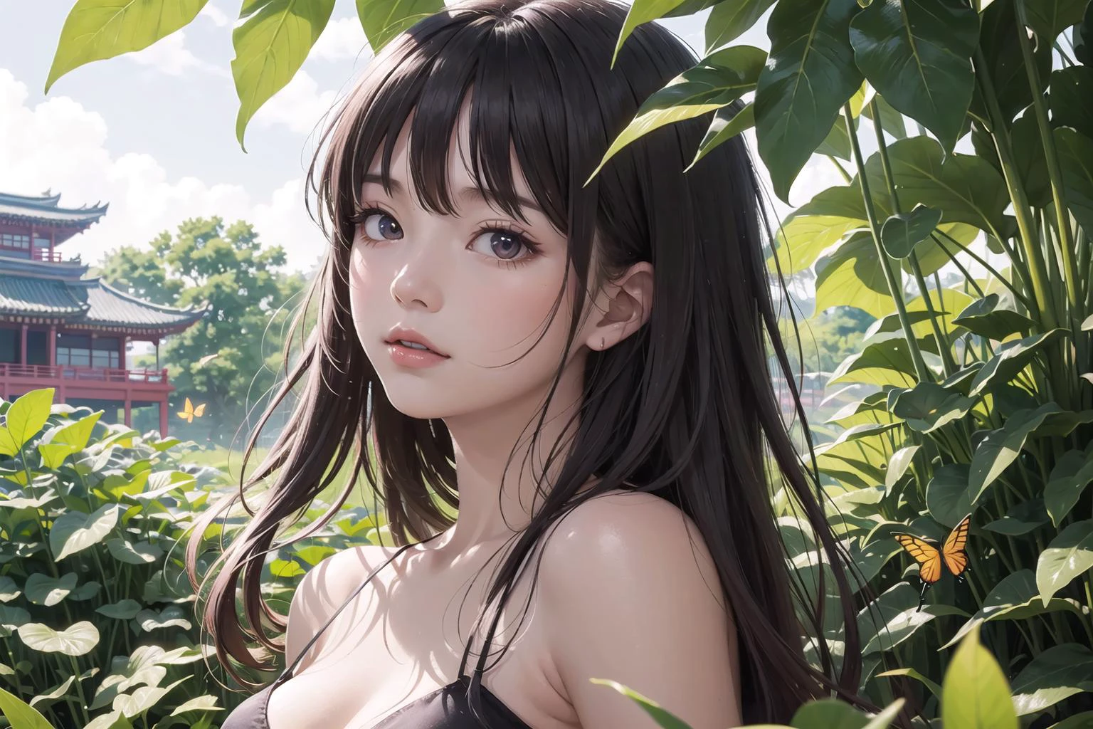 1girl, solo, east asian architecture, cowboy shot, volumetric lighting,garden,butterflys flying around,surrounded by fluttering butterflies,sunlight filtering through leaves,
beautiful detailed face, shining body, shining skin, looking at viewer,