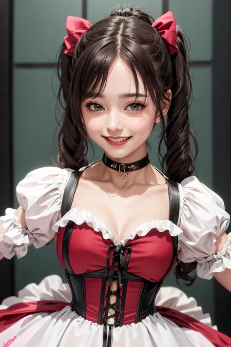 pony tails, corset, dress, choker, smiling, muted colors, cinematic, grain, sharp focus, [ulzzang-6500-v1.1:0.7]